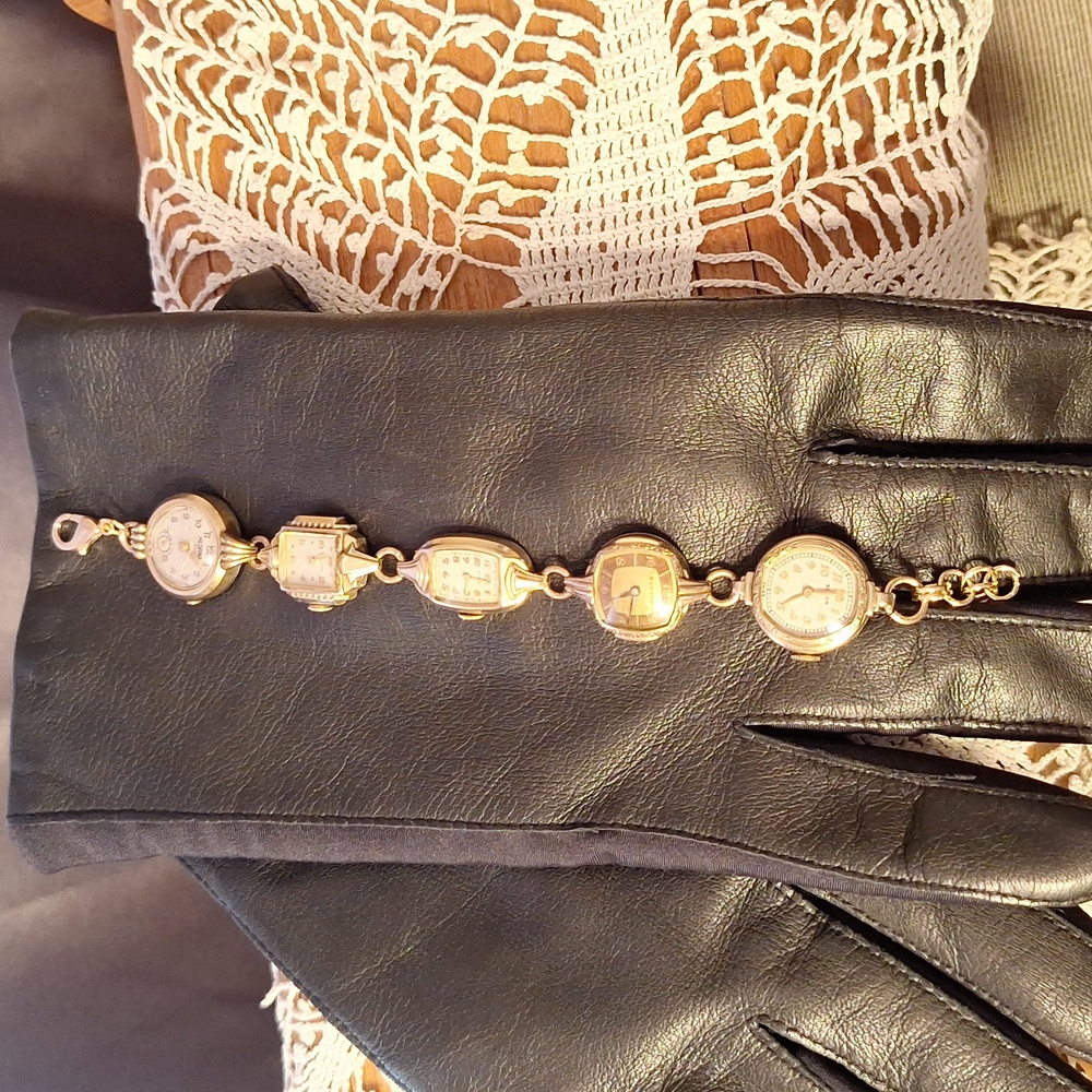 Elegant vintage timepiece watches recreated into a whimsical bracelet.